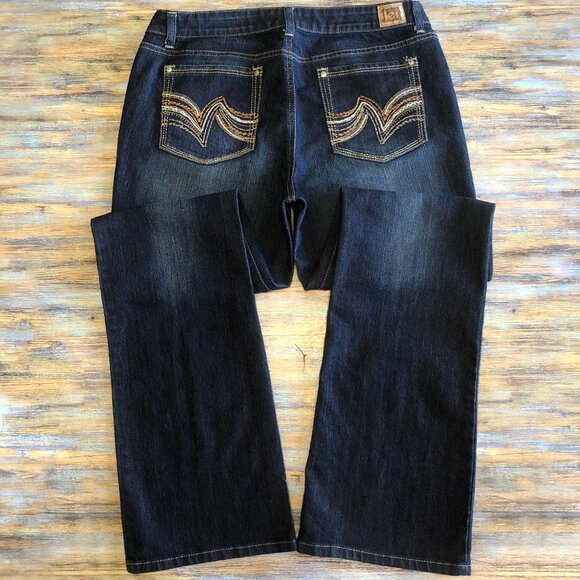 Lei Jeans Ashley Low Rise Slim Boot Embroidered Blue Womens Junior Size 15 Long - Picture 1 of 12